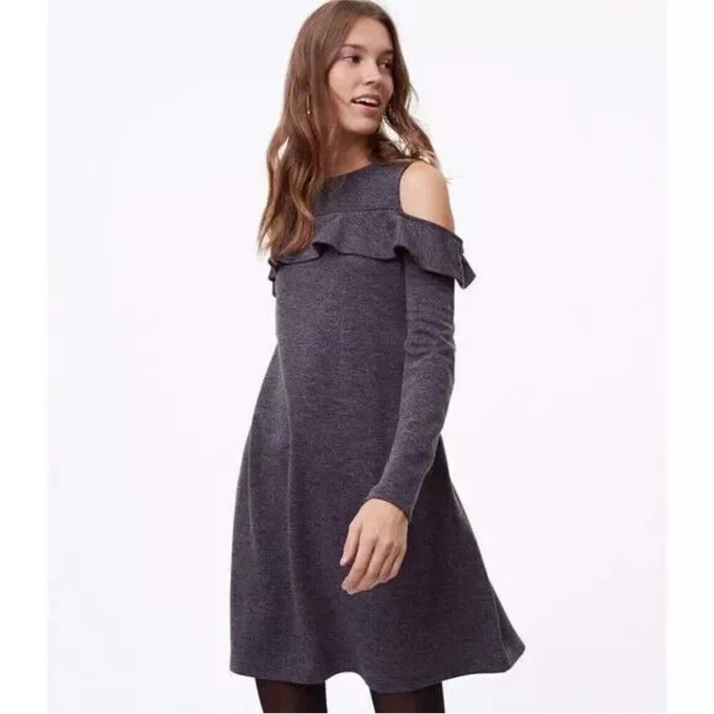 LOFT  Ruffles Cold Shoulder 3/4 Sleeve Swing Trapeze Dress Size Small